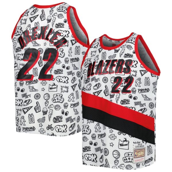 Clyde Drexler Portland Trail Blazers Mitchell & Ness 1991/92 Hardwood Classics Doodle Swingman Player Jersey - White photo 1 Jersey4u