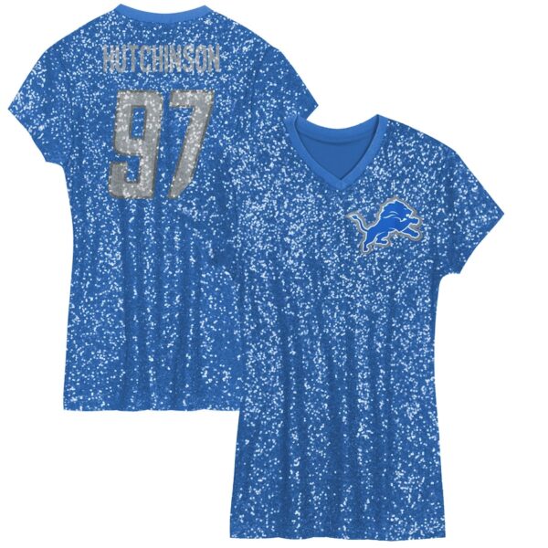 Aidan Hutchinson Detroit Lions Girls Youth Sequin Player Name & Number V-Neck Dress - Blue photo 1 Jersey4u