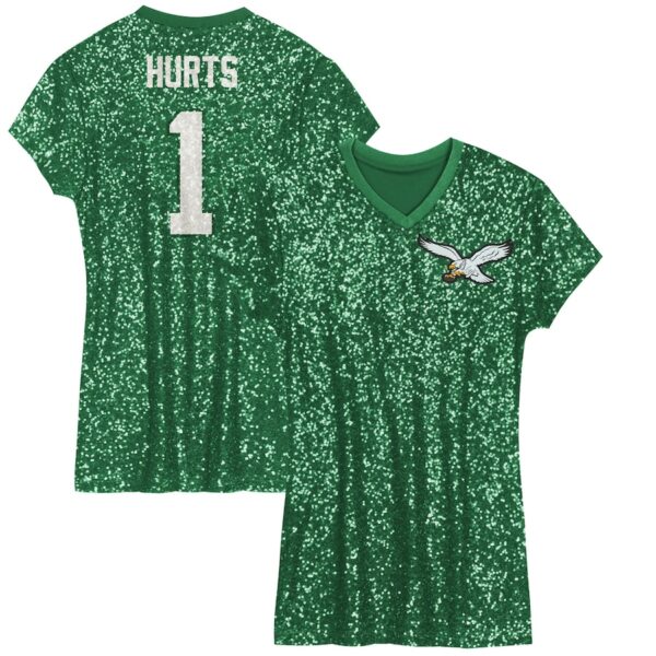 Jalen Hurts Philadelphia Eagles Girls Youth Sequin Player Name & Number V-Neck Dress - Kelly Green photo 1 Jersey4u