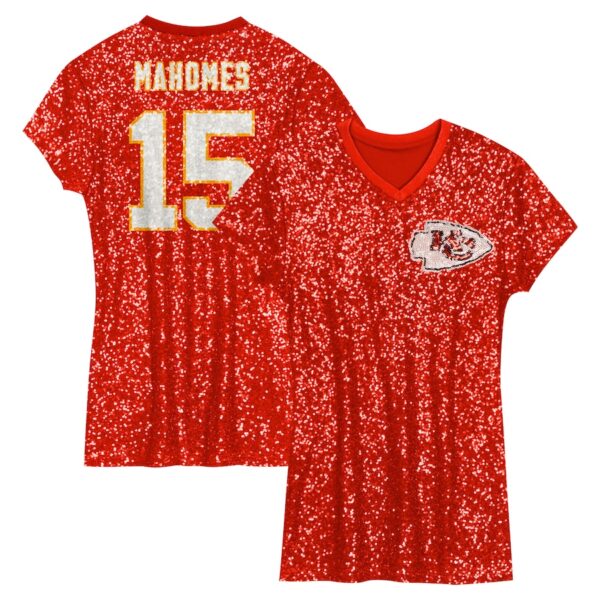 Patrick Mahomes Kansas City Chiefs Girls Youth Sequin Player Name & Number V-Neck Dress - Red photo 1 Jersey4u