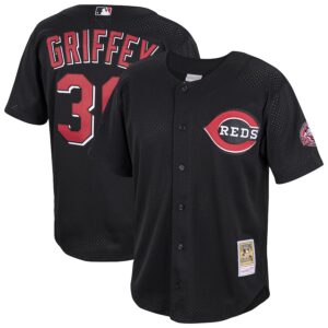 Ken Griffey Jr. Cincinnati Reds Mitchell & Ness Cooperstown Collection Mesh Batting Practice Button-Up Jersey  - Black photo 1 Jersey4u